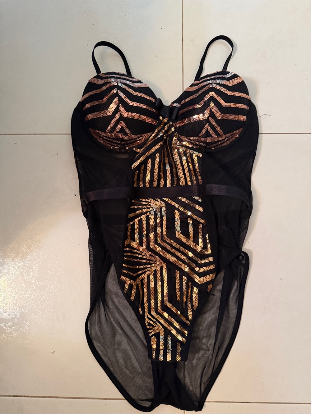 Black & Gold Sequin Mesh Bodysuit Bra- new